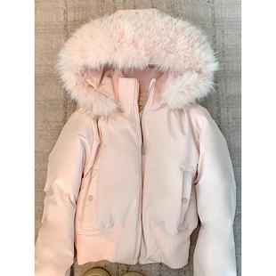 高级感粉色毛领连帽羽绒棉服外套女2025冬季短款收腰显瘦棉衣棉袄