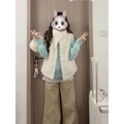 小清新简约毛茸茸软糯马甲外套叠穿麻花针织开衫长袖毛衣两件套装