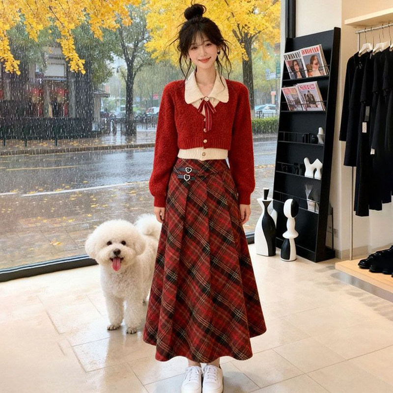 2026新年红色POLO领长袖针织毛衣开衫气质高腰格纹拼接半身裙套装,女装/女士精品,时尚套装,淘宝优惠券,粉丝福利购,淘宝优惠卷
