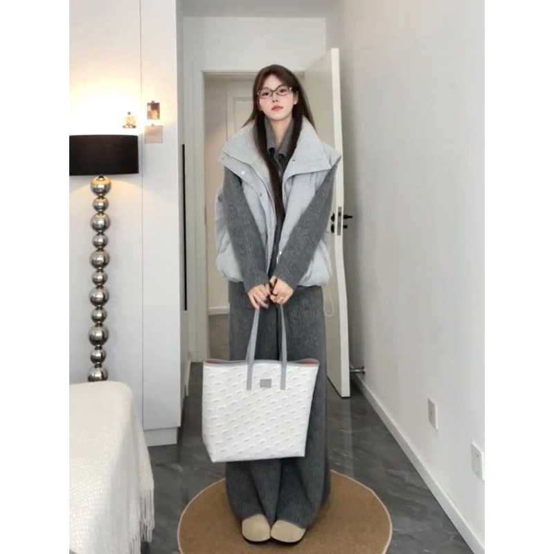 高级感气质立领灰色马甲保暖棉服外套女秋冬开衫毛衣加厚针织长裤