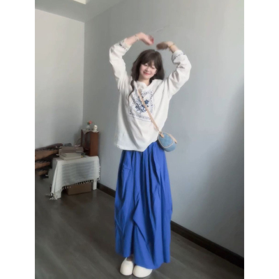 印花长袖上衣+蓝色长裙