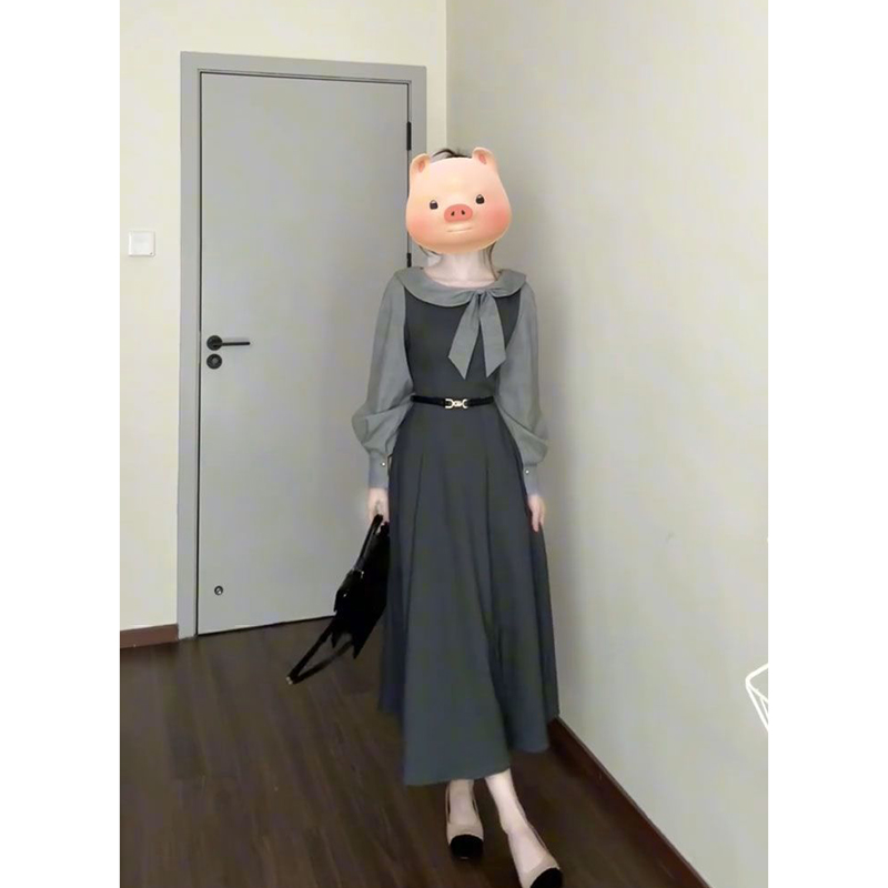 法式新款2025气质通勤假两件连衣裙女早秋收腰淑女超仙长裙送腰带