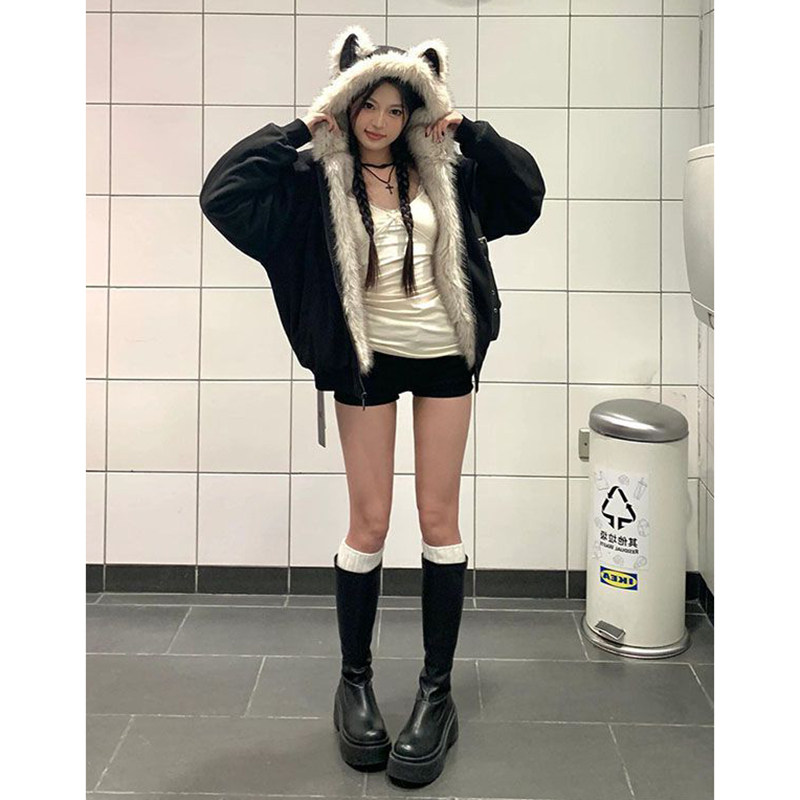 韩版新款毛领夹棉座山雕猫耳朵外套学生冬季加厚小个子棉衣棉服潮