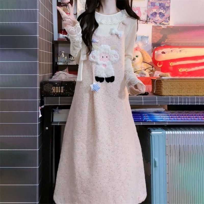 温柔甜美风一整套减龄穿搭小羊贴布粉色背带裙女+木耳边打底上衣,女装/女士精品,时尚套装,淘宝优惠券,粉丝福利购,淘宝优惠卷