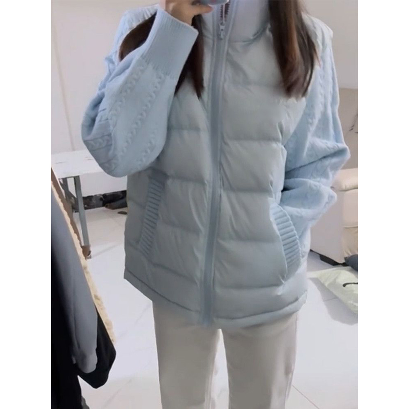 冬日时尚简约风蓝色拼接针织棉服外套女学生保暖设计感新款棉衣潮