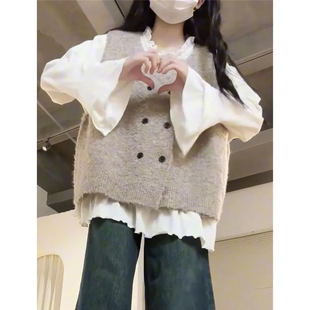 衬衫 木耳边长袖 马甲背心毛衣女 学院风复古甜美学院风软糯针织衫