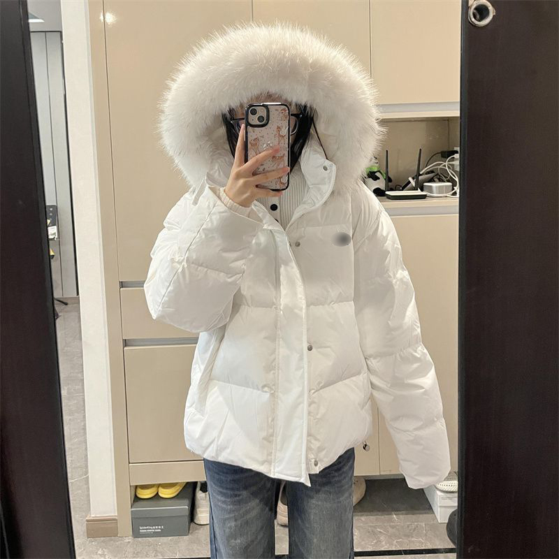 小众时尚风奶呼呼白色毛领连帽棉服女冬季新款宽松加厚保暖面包服