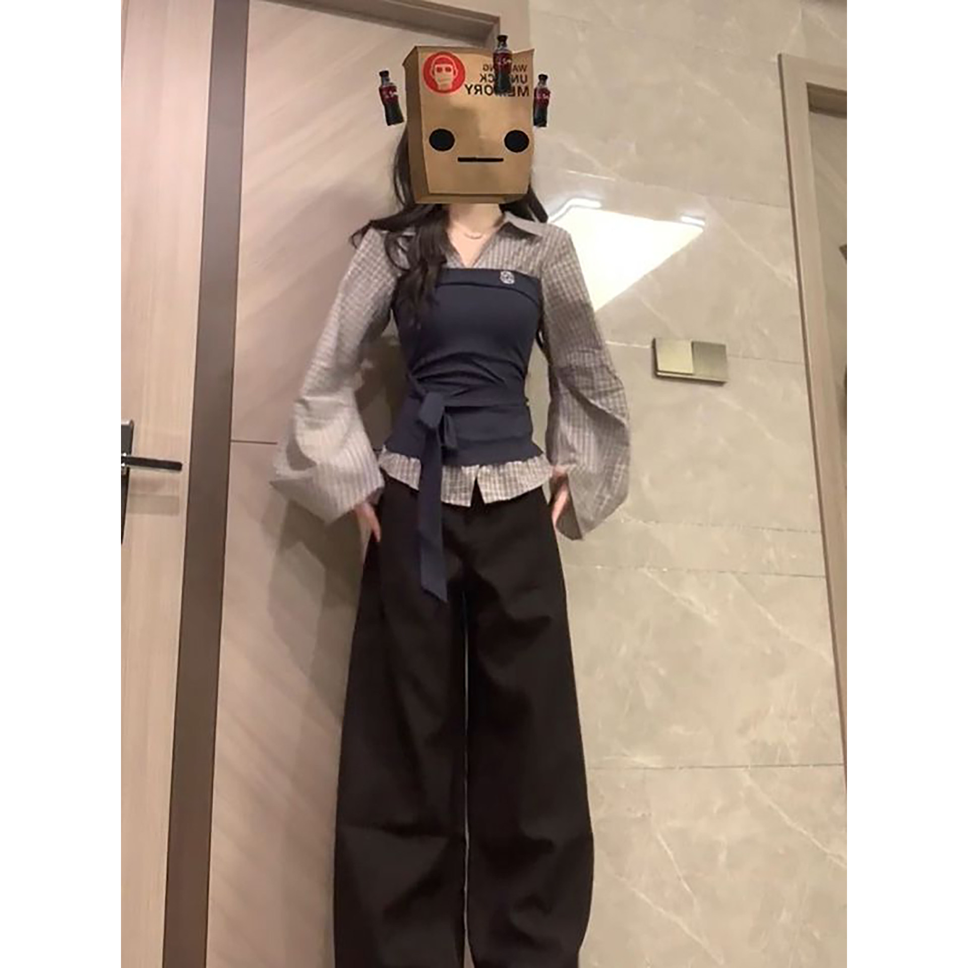 2026春季新款小个子假两件绑带翻领格纹上衣女黑色阔腿长裤两件套