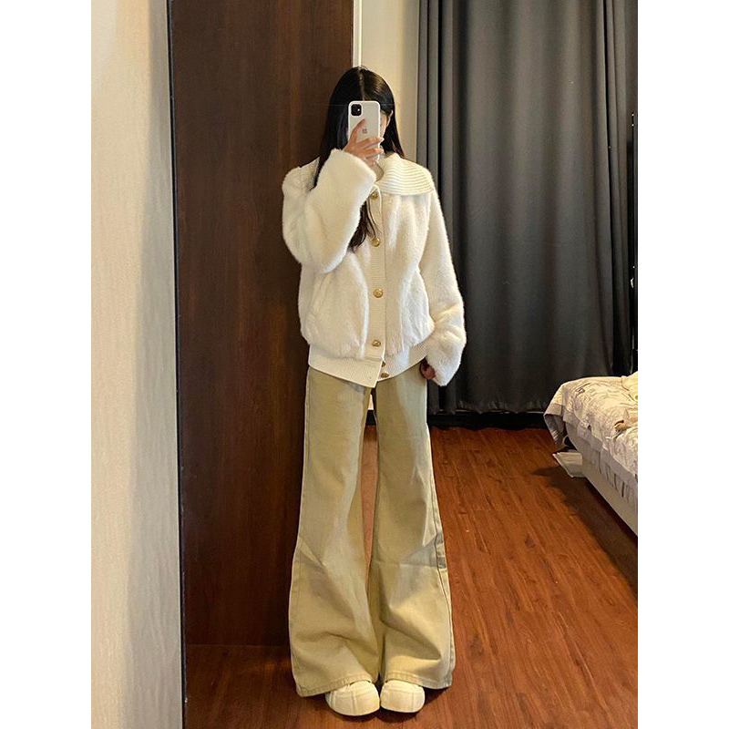 简约通勤不费力毛茸茸米白色翻领外套女百搭宽松保暖针织宽松上衣