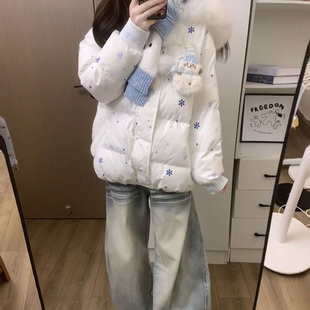 小众高级感温柔雪花毛领可拆卸雪人连帽棉服棉袄女保暖外套含围巾