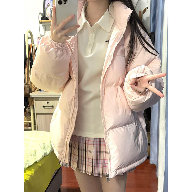 法式温柔风粉色立领宽松棉服外套