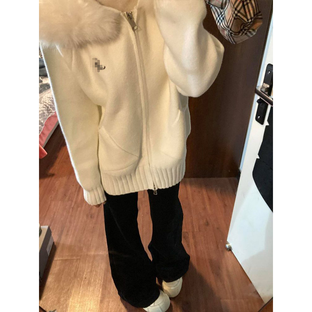 小众ins慵懒风带毛领字母绣花针织连帽外套女2025秋冬防寒上衣