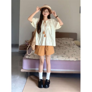 夏日甜美度假风休闲简约套装 穿搭系带碎花短袖 衬衫 女搭配高腰短裤