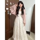 韩系温柔初恋少女风碎花吊带连衣裙搭配粉色防晒披肩夏季 两件套装