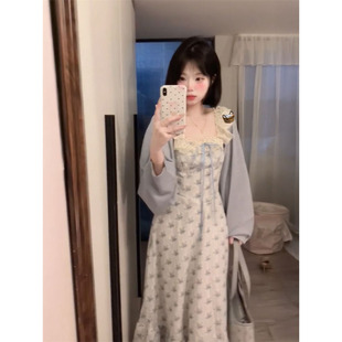 两件套 夏日甜美度假风气质穿搭蓝色防晒披肩女搭配碎花连衣裙新款