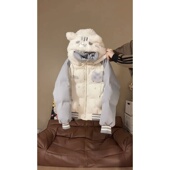 多巴胺魔术贴猫咪字母刺绣毛茸茸棉服女冬季 新款 连帽撞色加厚外套