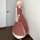 夏季 新款 韩系温柔风红色格纹背心连衣裙女搭配高腰半身裙两件套装