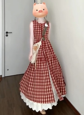 夏季新款韩系温柔风红色格纹背心连衣裙女搭配高腰半身裙两件套装