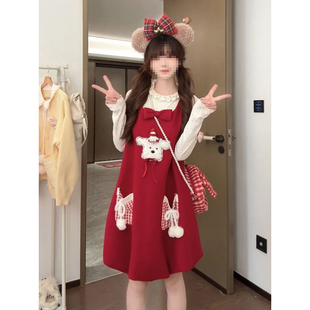 2025冬季新年红色可爱小狗背心连衣裙女叠穿波点打底衫上衣两件套