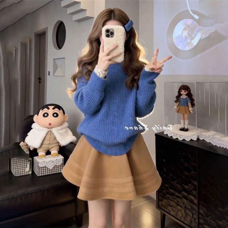 甜美风穿搭一整套蓝色针织毛衣女+碎花百搭打底衫+咖色高腰半身裙,女装/女士精品,时尚套装,淘宝优惠券,粉丝福利购,淘宝优惠卷