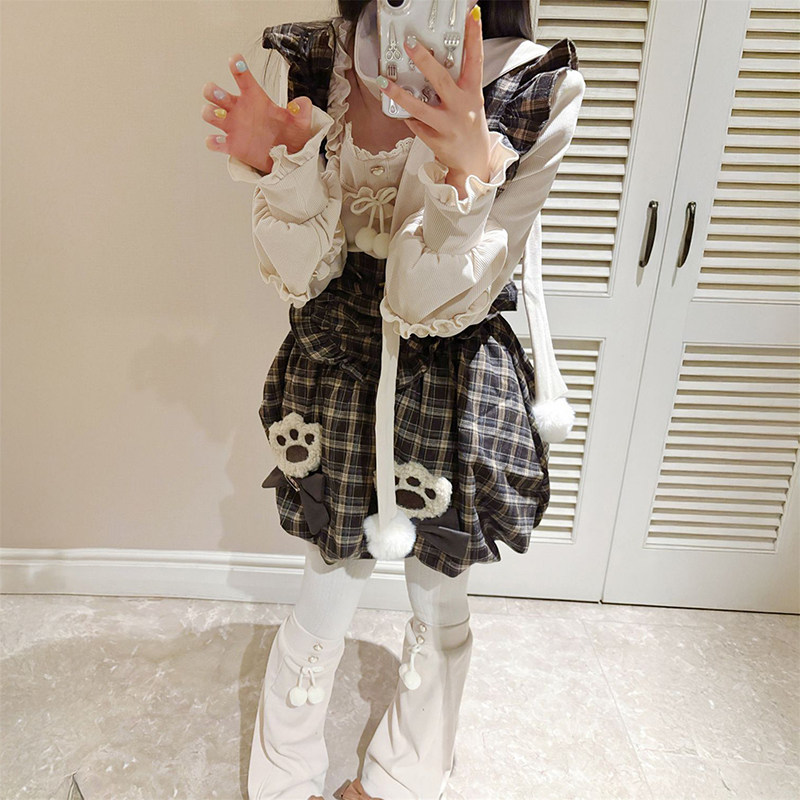 2026春秋可爱软妹风花苞背带连衣裙叠穿方口领木耳边上衣两件套装,女装/女士精品,时尚套装,淘宝优惠券,粉丝福利购,淘宝优惠卷