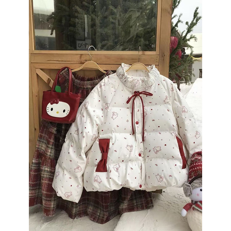 2025冬季新款兔子满印爱心波点蝴蝶结绑带棉服女百搭保暖休闲外套