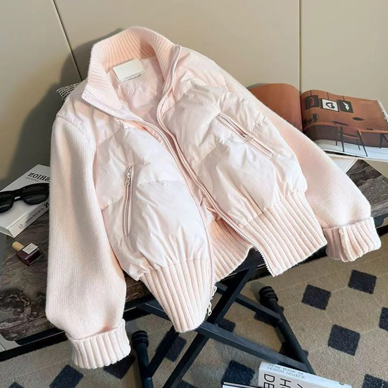 新款ins甜美粉色针织拼接棉服女冬季新款保暖面包服抗寒轻薄棉衣