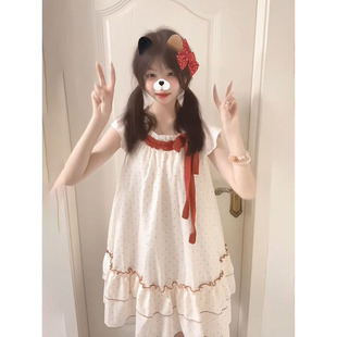 超仙温柔宽松显瘦蛋糕短裙子 日系甜美少女感系带波点连衣裙女夏季
