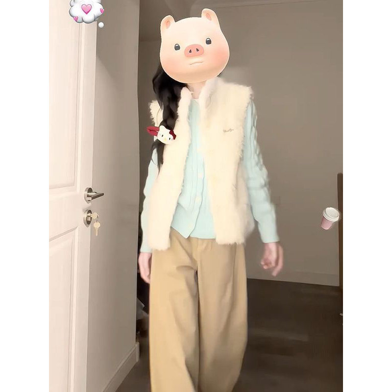 2025冬季温柔毛茸茸软糯马甲外套内搭薄荷绿麻花针织开衫毛衣套装