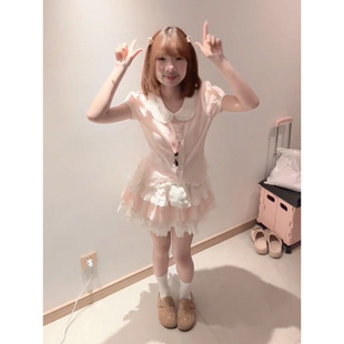 法式 两件套 甜美风超仙粉色娃娃领衬衫 女搭配高腰多层蛋糕短裙夏季