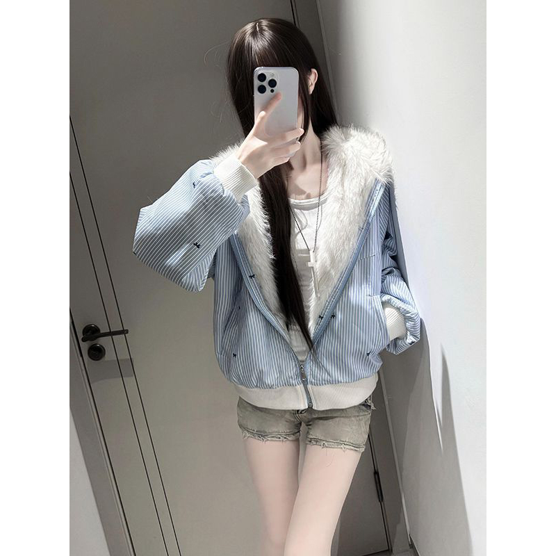学院风小清新条纹蓝色蝴蝶结棉服女猫耳朵毛绒连帽加厚保暖外套女
