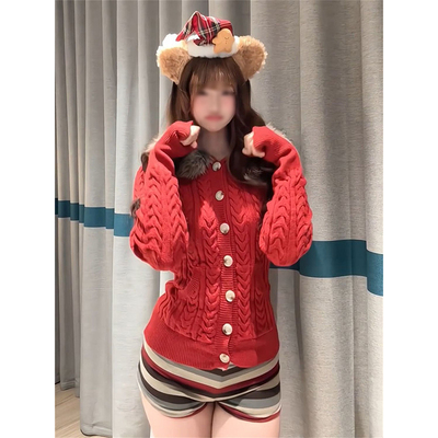 复古诞节辣妹出片穿搭大毛领连帽修身红色麻花针织开衫毛衣外套女