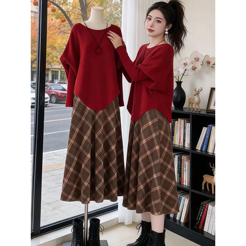 绝美艺术感红色不规则斗篷宽松长袖毛衣女春秋高腰格纹半身裙套装,女装/女士精品,时尚套装,淘宝优惠券,粉丝福利购,淘宝优惠卷