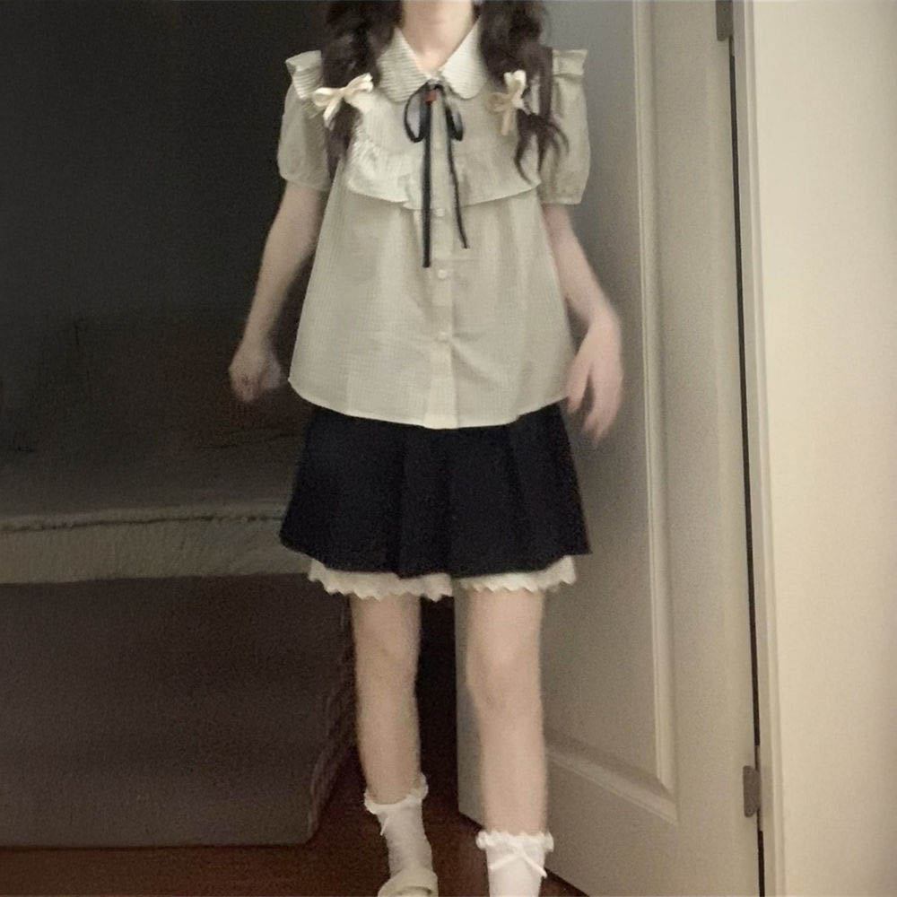 花边拼接条纹衬衫高腰半身短裙