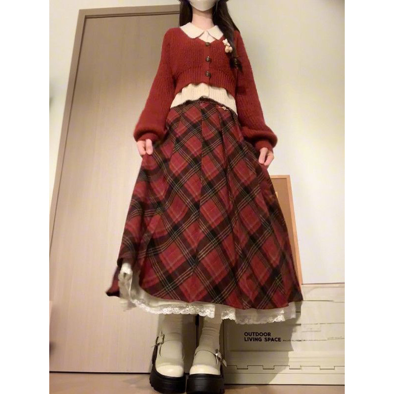 甜美小个子高级感红色假两件毛衣开衫女学生格纹半身裙秋冬两件套,女装/女士精品,时尚套装,淘宝优惠券,粉丝福利购,淘宝优惠卷