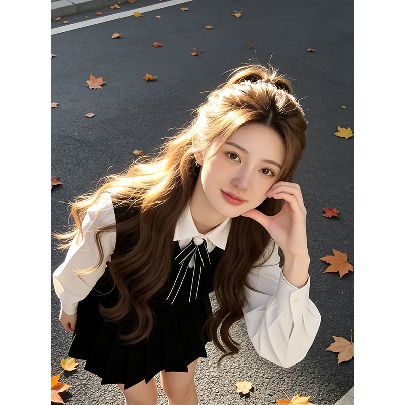 简约通勤时尚纯色POLO领长袖衬衫女春季叠穿收腰背心连衣裙两件套,女装/女士精品,时尚套装,淘宝优惠券,粉丝福利购,淘宝优惠卷