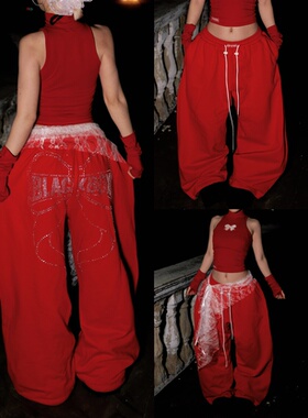 〖圣诞新年系列〗黑盒子原创蝴蝶结贴钻纯棉卫裤宽松休闲爵士舞裤