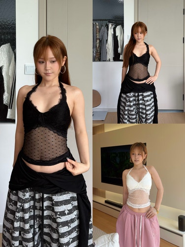 BLACKBOX黑盒子美式辣妹风蕾丝波点挂脖吊带自带胸垫纯欲显瘦女
