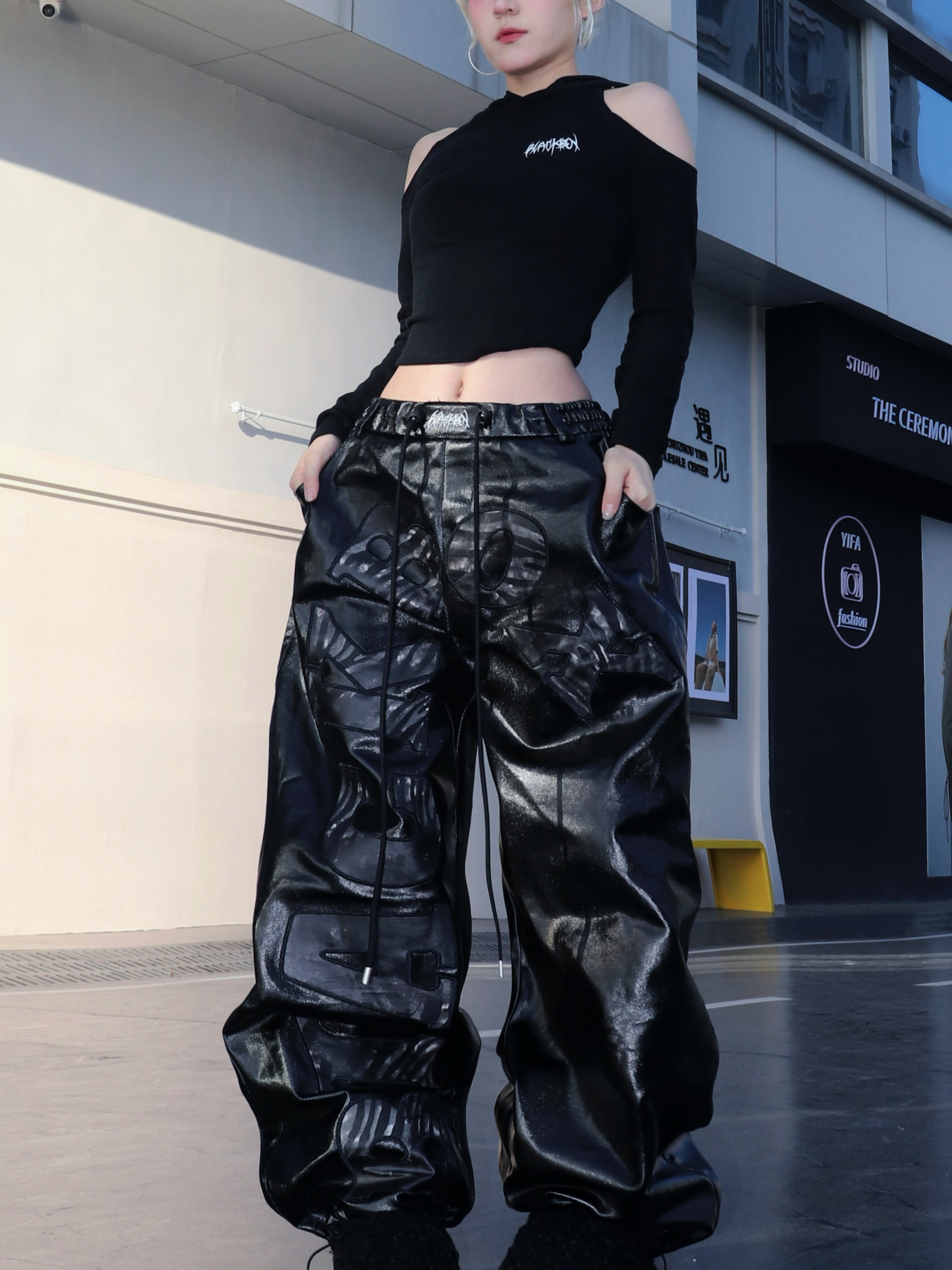 BLACKBOX黑盒子原创重磅美式贴布绣亮面PU皮裤街舞爵士酷帅直筒裤