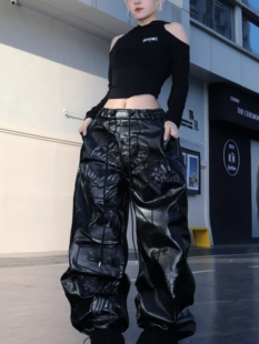 街舞爵士酷帅直筒裤 BLACKBOX黑盒子原创重磅美式 贴布绣亮面PU皮裤