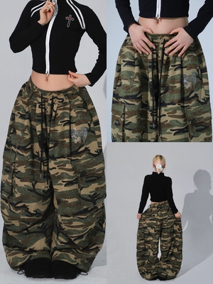 BLACKBOX原创美式迷彩“Angel Cross”满钻街舞爵士宽松裤男女