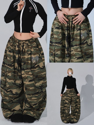 BLACKBOX原创美式迷彩“Angel Cross”满钻街舞爵士宽松裤男女