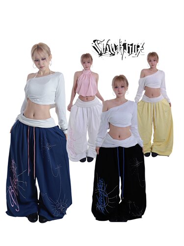 BLACKBOX原创美式撞色重工刺绣烫钻阔腿休闲卫裤街舞爵士舞男女夏