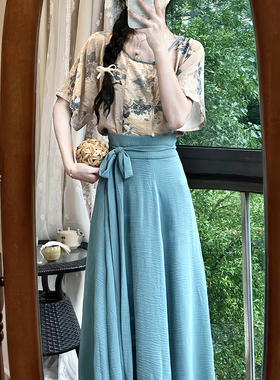 梦屿盛原创汉服新中式坦领天丝棉半臂唐褙子八破裙夏季日常通勤