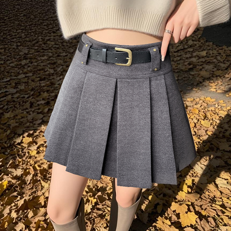 通勤高腰呢子百褶裙半身裙裤女a字短裙显瘦2025新款百搭毛呢裤裙