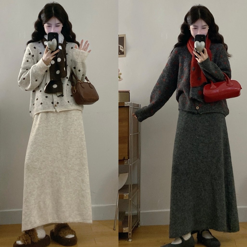 韩版大码女装胖mm韩系波点围巾 针织开衫 半身裙2025冬季遮肉显瘦