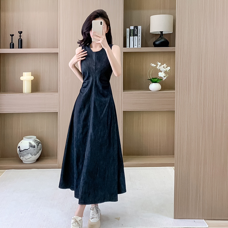 2025夏新款牛仔裙无袖露腰露背长裙显瘦港风小众高级感