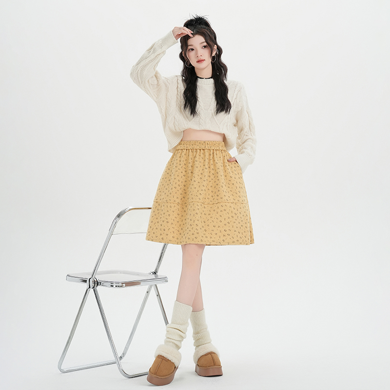 韩版2025冬新款碎花蓬蓬毛呢半身裙百搭高腰显瘦气质a字中裙伞裙