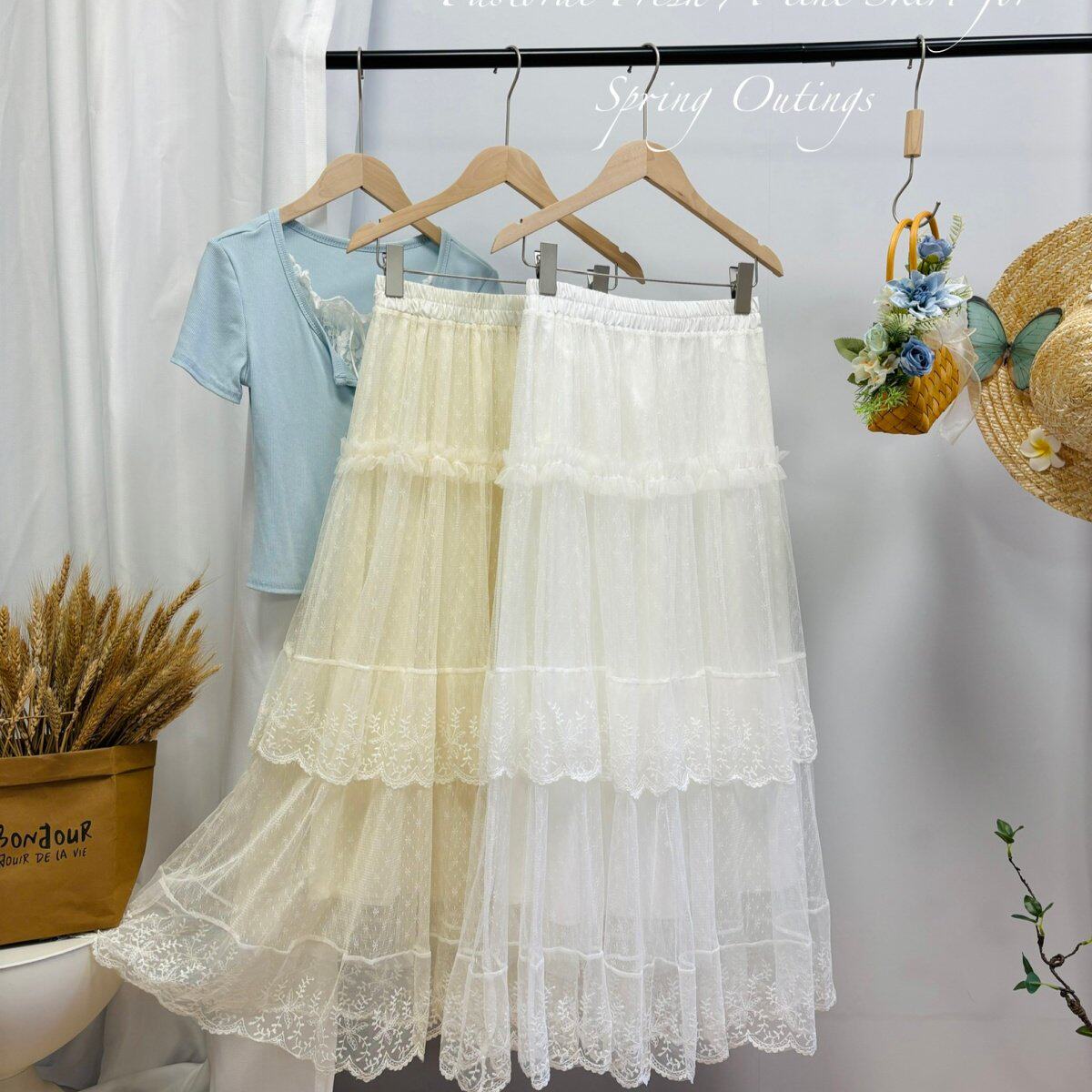 中裙 春夏新款2026韩系ins蕾丝花边拼接蛋糕裙百搭长款半身裙纱裙