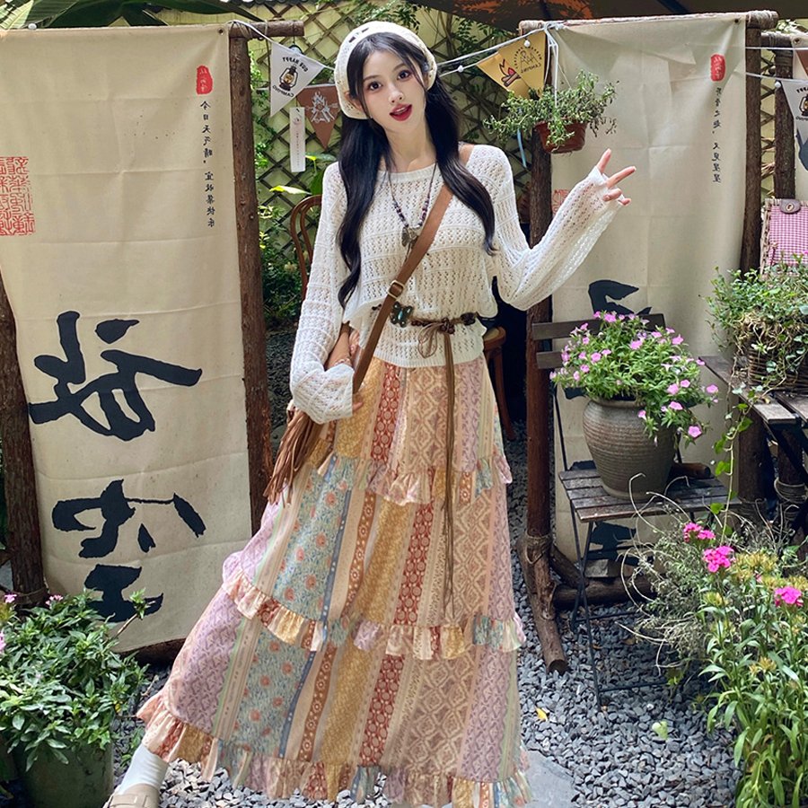 通勤~大码女装波西米亚风荷叶边拼接半身裙长袖镂空显瘦上衣套装